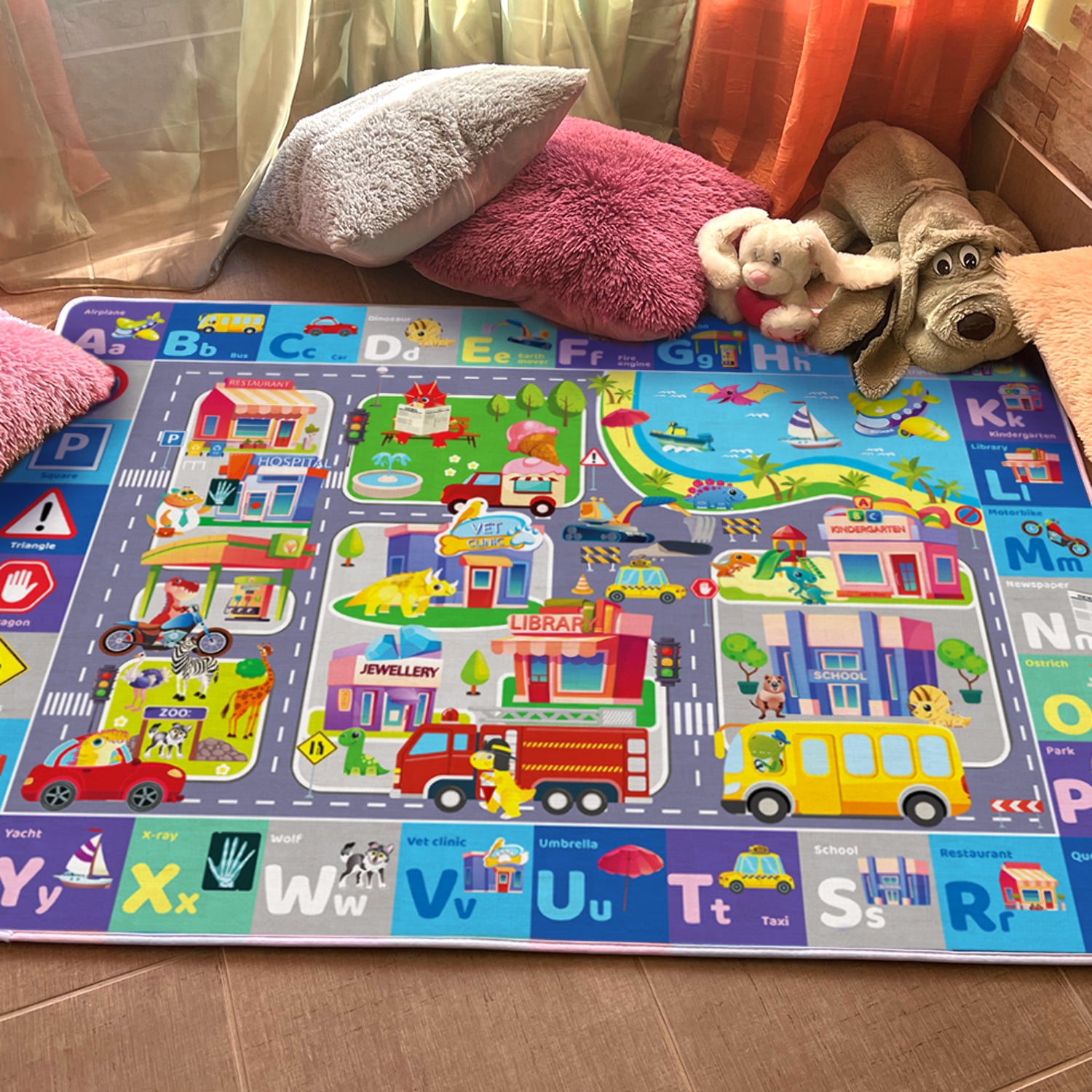 QUOKKA Floor Large Nursery Rug for Babies - Foldable Padded Non-Slip Rug with City for Kids Toddlers & Infants