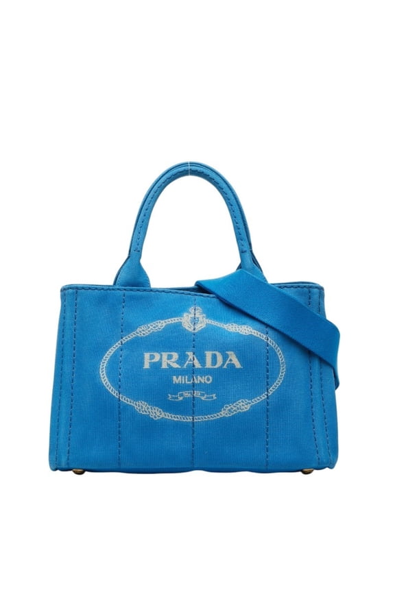 Pre-Owned Prada Triangle Logo Plate Canapa Mini Handbag Shoulder Bag 2WAY B2439G Light Blue...