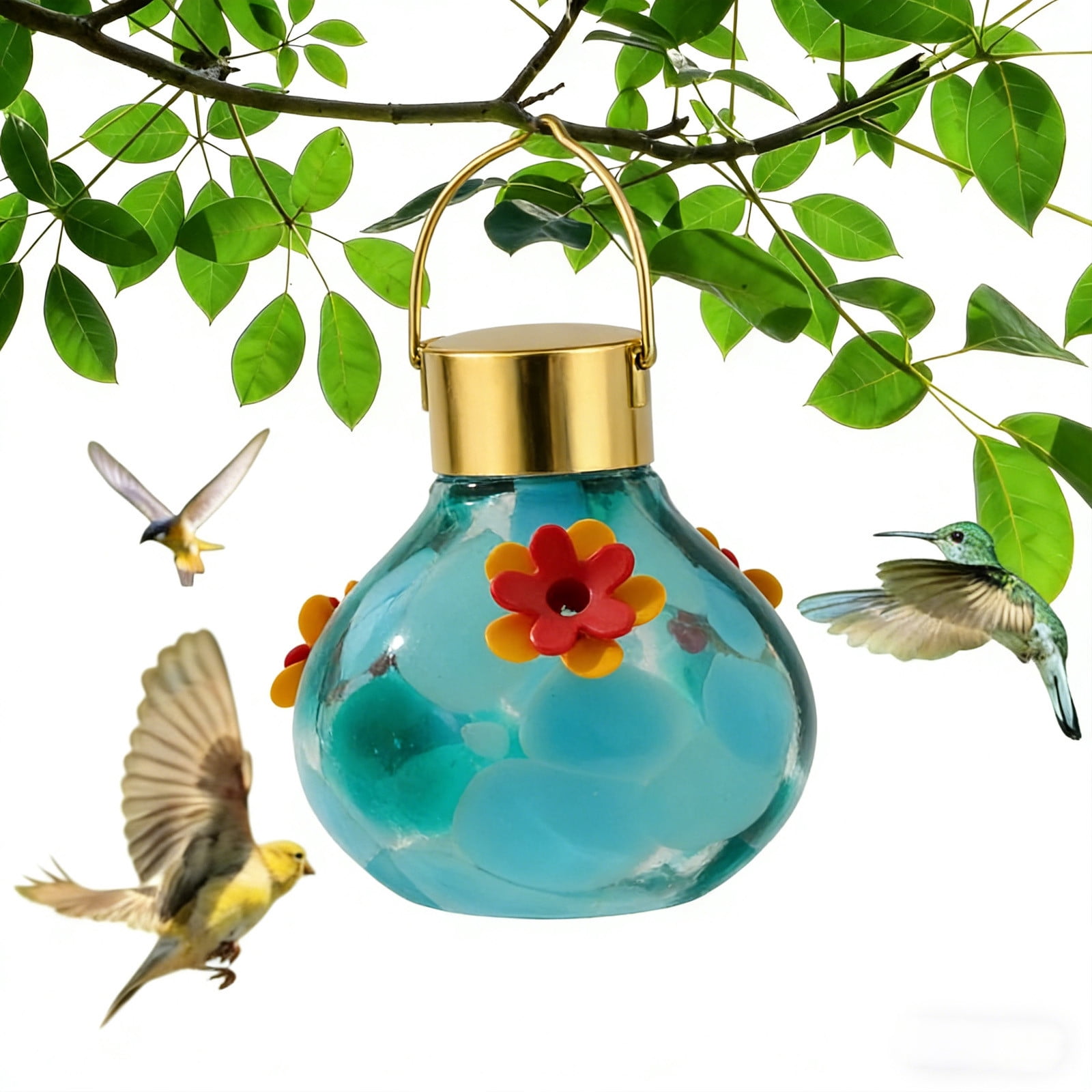 HengDidi Solar Hummingbird Feeder with LED Light, Glass Outdoor Bird Water Dispenser, Multicolor Design for Nighttime Use, Hanging Patio Garden Decoration to Attract Hummingbirds