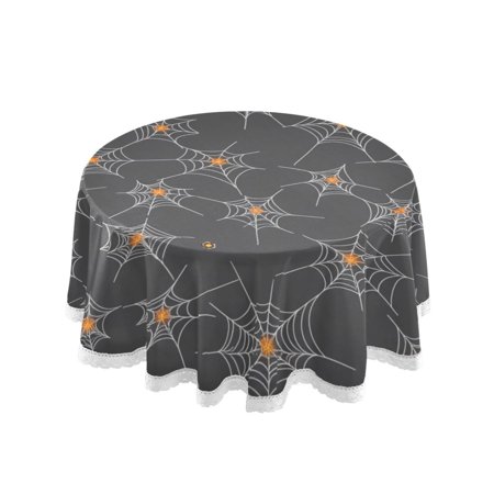 60 Inch Round Tablecloth with White Lace Trim Fall Table Cover for Elegant Dining Decor Halloween Design