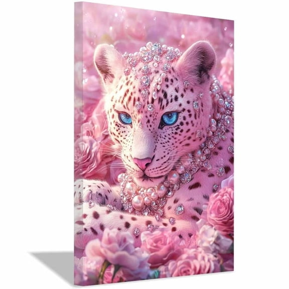 Mudket Framed Pink Leopard Wall Art, Jeweled Leopard Canvas Print, Cute Trendy Animal Decor for Girls Bedroom Living Room - 12"L x 8"W