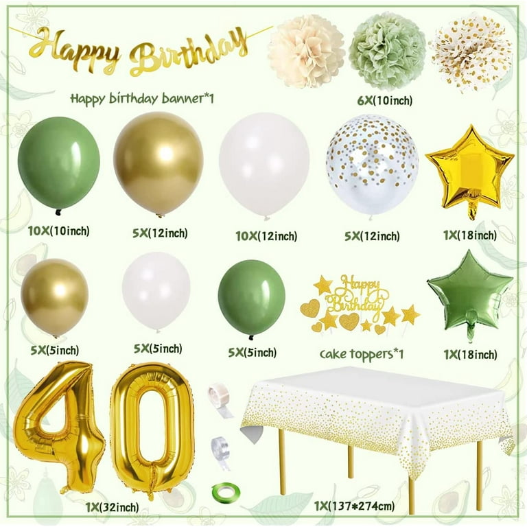 YANSION 40th Green and Gold Birthday Party Decorations, Green Birthday  Balloons with Happy Birthday Banner, Paper Pompoms Hanging Swirl Streamers  Confetti Balloons Emerald Green Party Decorations 