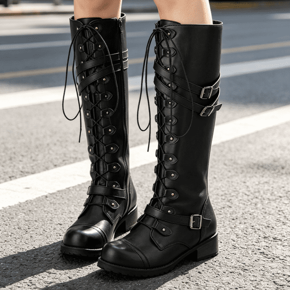 Women's Casual Lace Up Knee High Boots, Round Toe Double Belt Buckle Design with Breathable Lining, Trendy Boots for Daily Leisure Gift