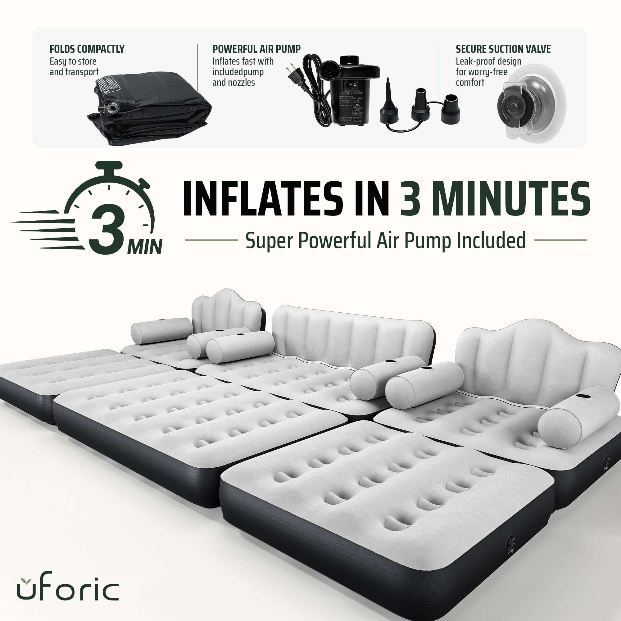 Uforic 3-Piece Air Sofa Bed Set with Pump, Queen & 2 Twin Size 2-in-1 Convertible Inflatable Sofa Bed with Headboard, Cup Holders, Carry Bag for Home Camping Guest Use, Gray