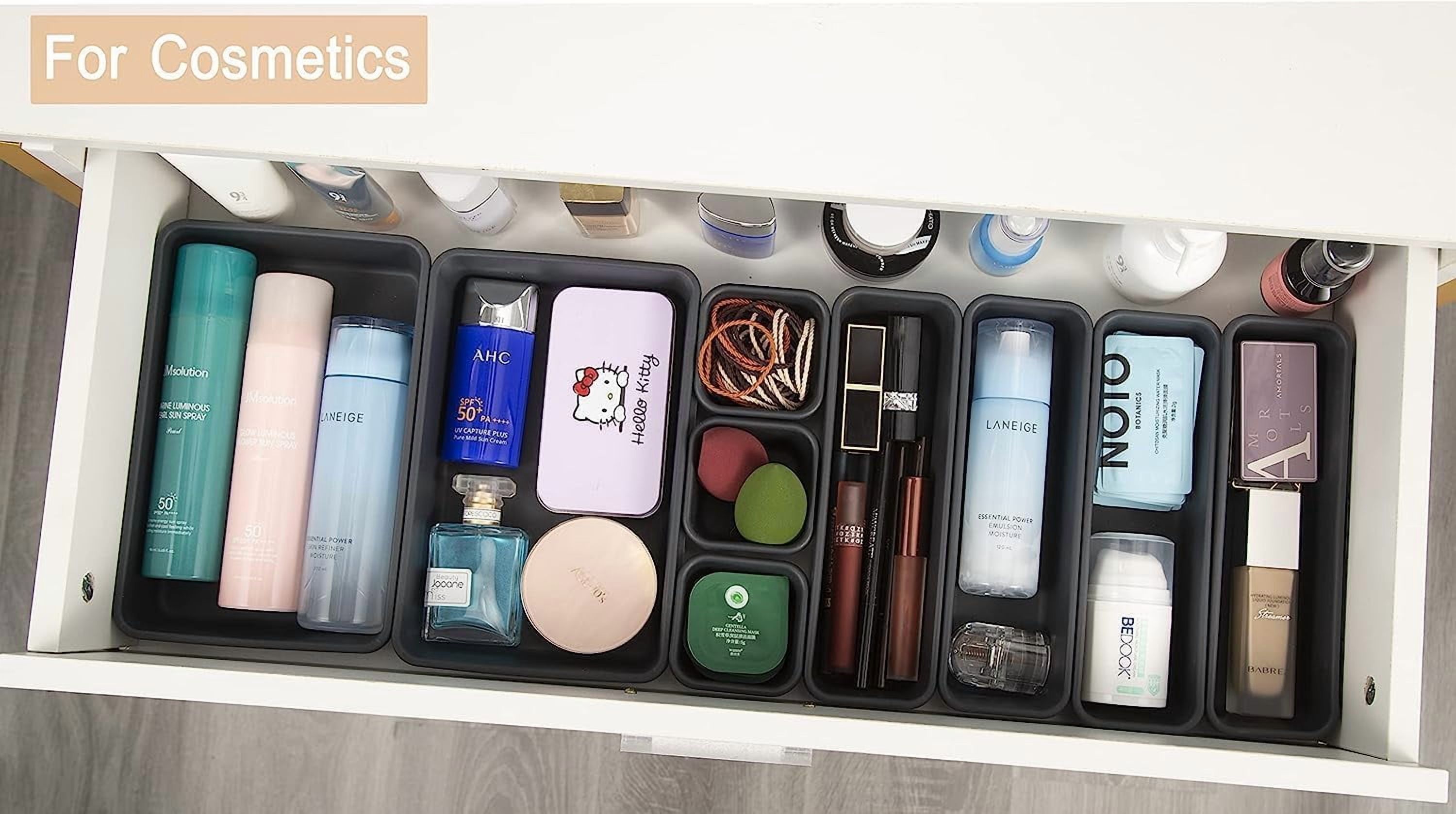 44 PCS Interlocking Drawer Organizer Set,4-Size Plastic Versatile Bathroom and Desk Drawer Divider Organizer Trays,Multi-size Storage Bins for Office,Jewelries, Kitchen Utensils and Makeup