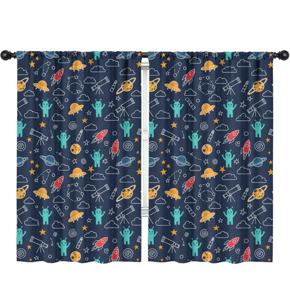 Blackout Kids Curtains,Alien Telescope Deep Blue Pattern Children's Insulated Curtains Set Of 2,Bedroom Essentials,Toddler Room Decor 52"x84"