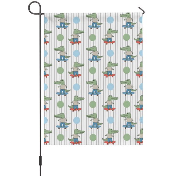 Funny Crocodile Garden Flags For Outdoor, Skateboard Polka Dots Cartoon Strips Small Double Side Yard Flags Weather Proof Garden Decor for Lawn Outside Holiday 12 x 18 Inches