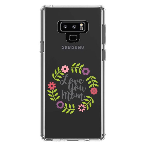 DistinctInk Clear Shockproof Hybrid Case for Samsung Galaxy Note 9 - TPU Bumper Acrylic Back Tempered Glass Screen Protector - Love You Mom - Floral Border