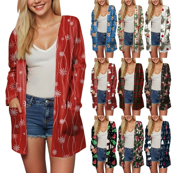 TTUHYWXI Christmas Sweater Women Long Sleeve Lightweight Casual Open Front Sweaters Snowflake Santa Print Long Cardiagns (Beige, S)