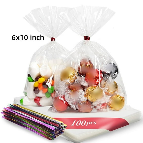100 pcs Cellophane Treat Bags,Clear Plastic Goodie Bags with Twist Ties for Treat Candy Snacks Cookies Dessert Bakery Gift Wrapping,6x10 inch,100 pack