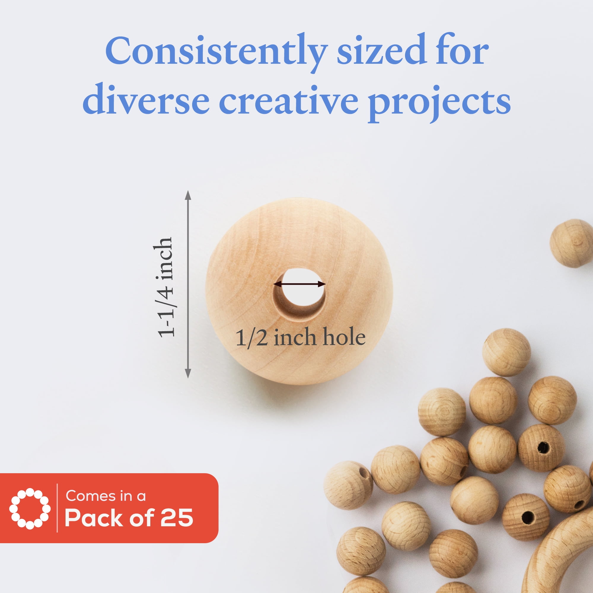 Large Wooden Beads for Crafts -  Pack of 25 32mm 1-1/4 x 1/2 Inch Hole Large Wood Beads for Crafts withHoles for DIY | Round Wooden Balls for Crafts | Wood Beads for Jewelry Making | Woodpeckers