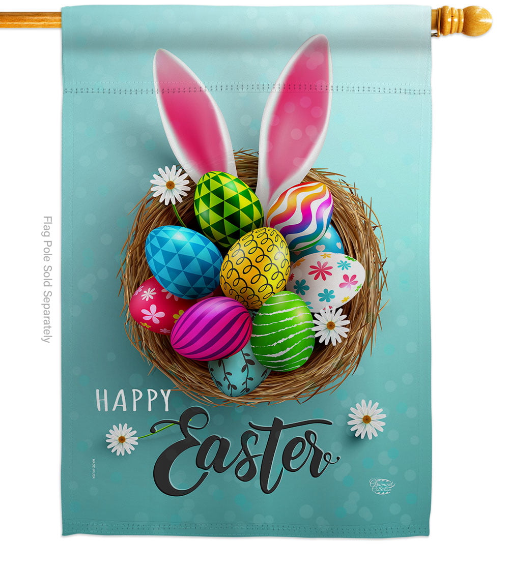 Happy Easter Bunny Egg House Flag Double Sided Burlap Yard Outdoor Decor Spring Summer Holiday Decorations 28 x 40 Inch 