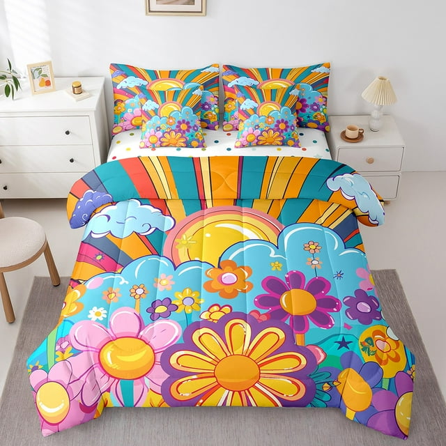 YST Ensemble de Literie Groovy Floral 7 Pcs Girly Arc-en-Ciel, Format Double