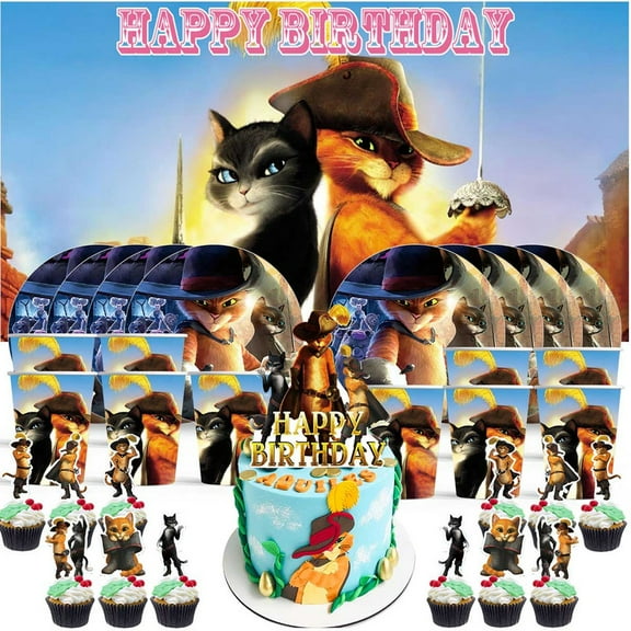 Puss in Boots Birthday Cups Party Supplies Decor Backdrop Plates Fans Decorations Banner