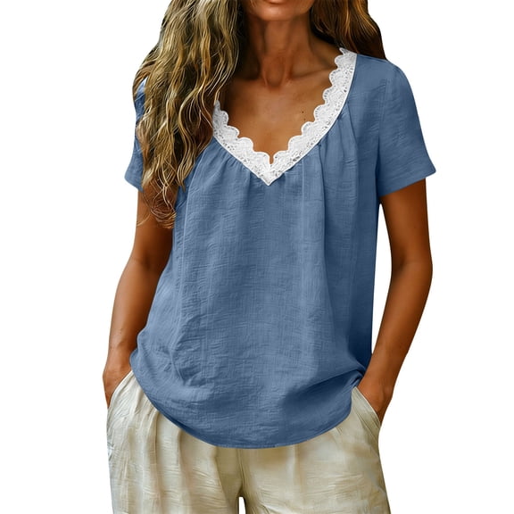 TEAJOPSUU Women's 100% Cotton Tops Short Sleeve Lace Tirm V Neck T Shirts Casual Loose Fit Summer Blouses Blue