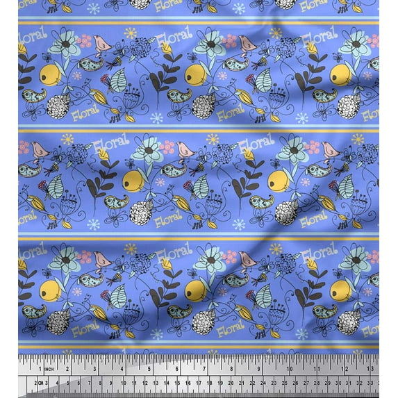 Soimoi Blue Rayon Fabric Stripe,Floral & Bird Artistic Fabric Prints by Yard 56 Inch Wide