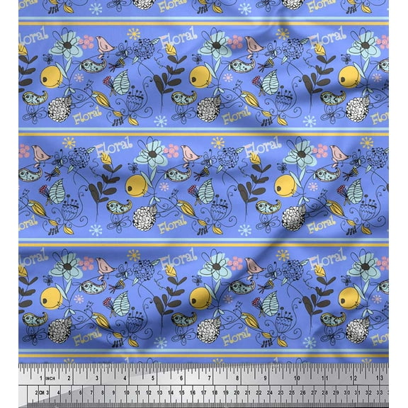 Soimoi Blue Cotton Duck Fabric Stripe,Floral & Bird Artistic Print Sewing Fabric BTY 42 Inch Wide