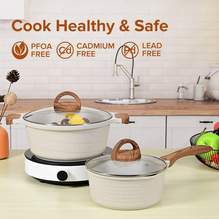 JEETEE Ceramic Cookware Set, White Pots and Pans Set Nonstick,7 PCS Kitchen  Induction Sets, PTFE & PFOA Free, Oven Safe, Compatible with All Stoves