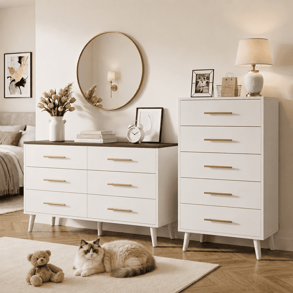 Noelse 2 Piece Bedroom Furniture Set, 6 Drawer Dresser & 5 Drawer Tall Dresser with Metal Handles, White/Walnut