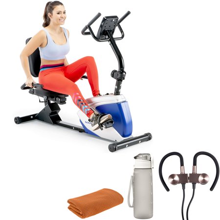 Marcy ME-1019R Magnetic Recumbent Exercise Bike with 8 Resistance Levels Bundle with Deco Gear Magnetic Wireless Sport Earbuds + Workout Cooling Sport Towel + Deco Essentials 27 Ounce Water Bottle