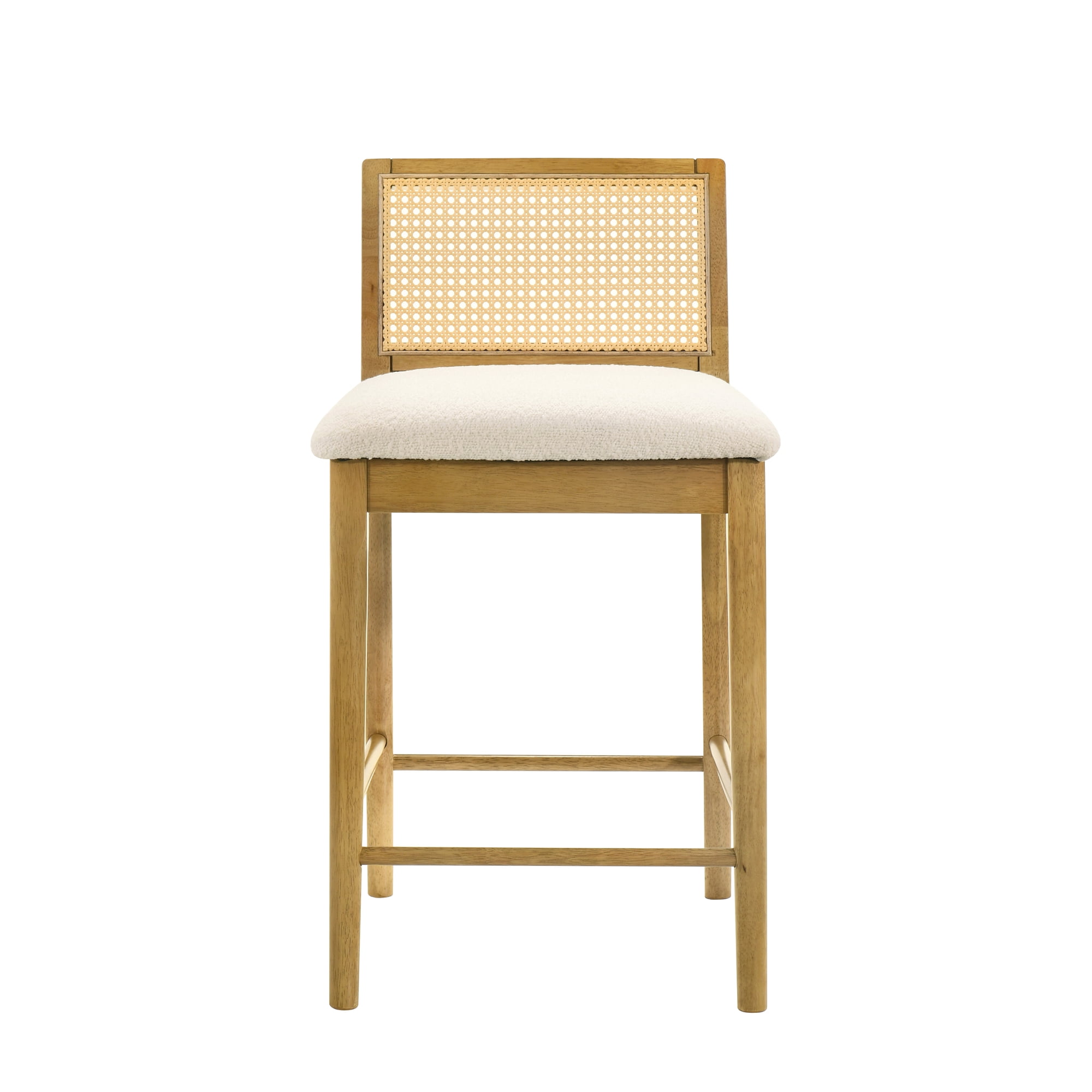 Tobias Coastal Modern Wood Counter Height Kitchen Bar Stool in Amber Glow Finish with White Boucle Fabric Upholstered Seat - Set of 3