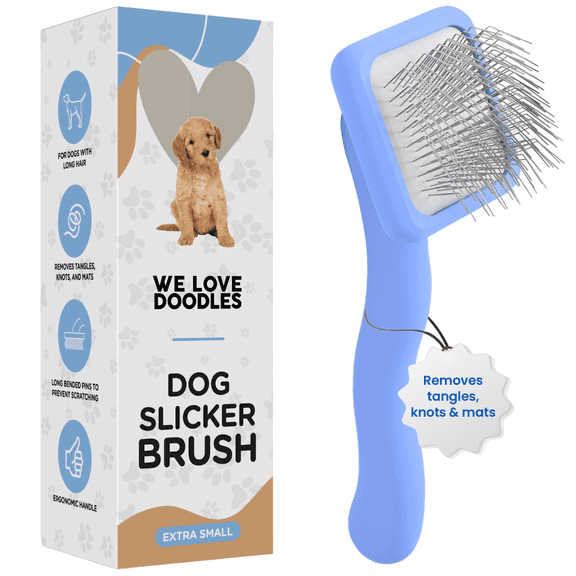 We Love Doodles Dog Slicker Brush for Grooming Pet Hair - Best Brushes For Poodle & Golden Doodle - Long Haired Coat Hairbrush - Goldendoodle Long Pin Brush For Dematting (Extra Small)