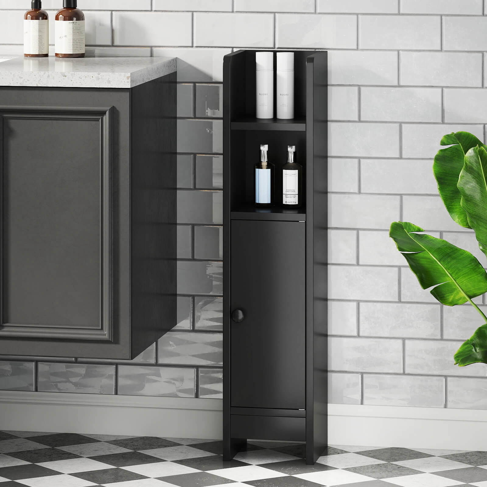 Costway Bathroom Storage Cabinet with Adjustable Shelf 1 Door & 2 Open Shelves Living Room Black