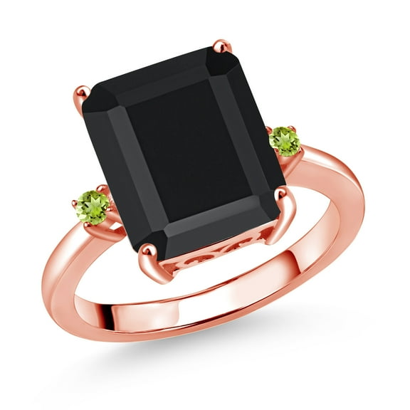 Gem Stone King 18K Rose Gold Plated Silver 12X10MM Black Onyx and 2MM Green Peridot 3 Stone Engagement Ring for Women | 5.87 Cttw | Gemstone December Birthstone | Size 5
