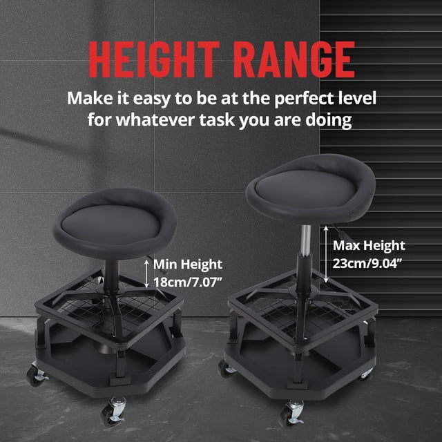 AKDSteel Tabouret de Garage Roulant, Siège de Mécanicien Robuste avec Rangement sur Double Plateau à Outils, Hauteur Réglable, Capacité de 149 kg, Roues Pivotantes à 360°, et Siège Rembourré