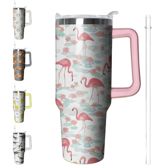 40 oz Flamingo Tumbler with Handle and Straw, Insulated Stainless Steel Cup with Lid, Travel Coffee Mug Water Bottle, Animal Lovers Women Gifts