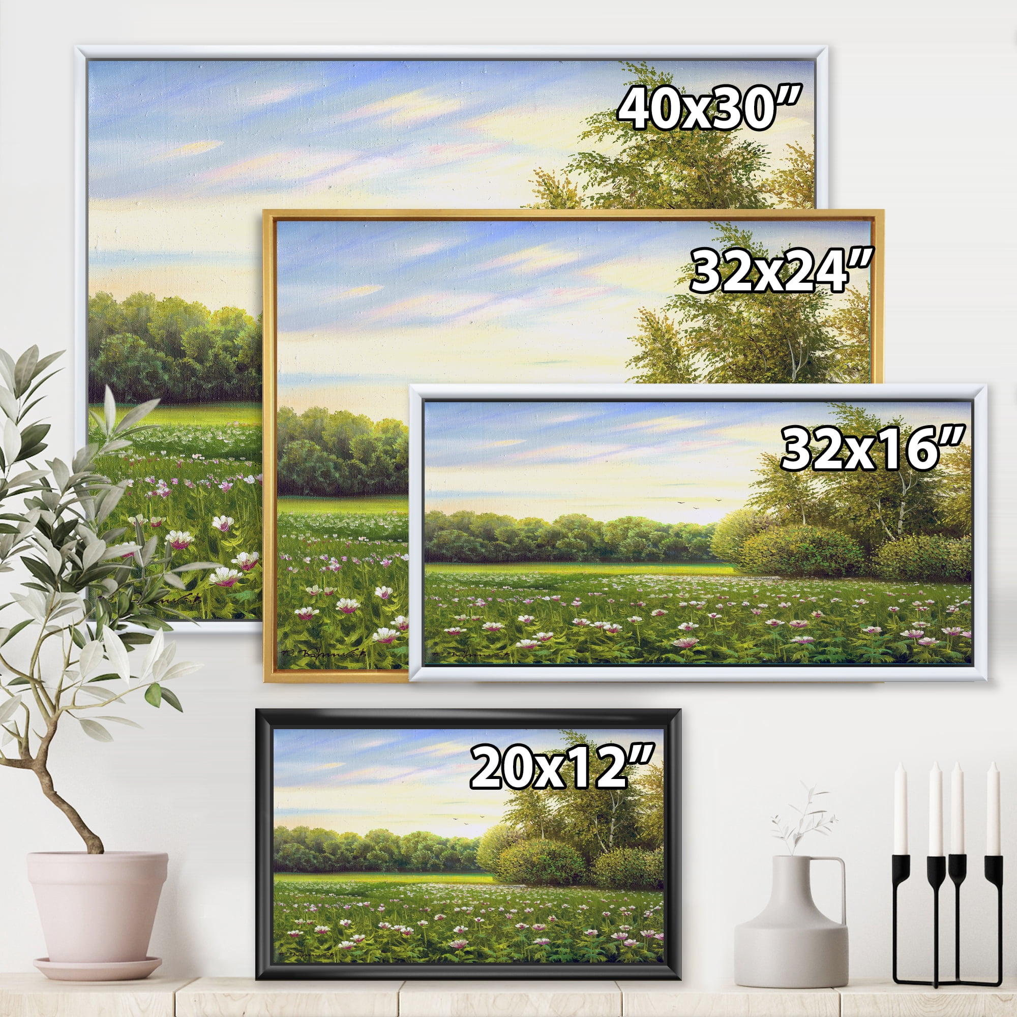 Designart 'Spring Trees By The Flowers and Meadows' Country Framed Canvas Wall Art Print
