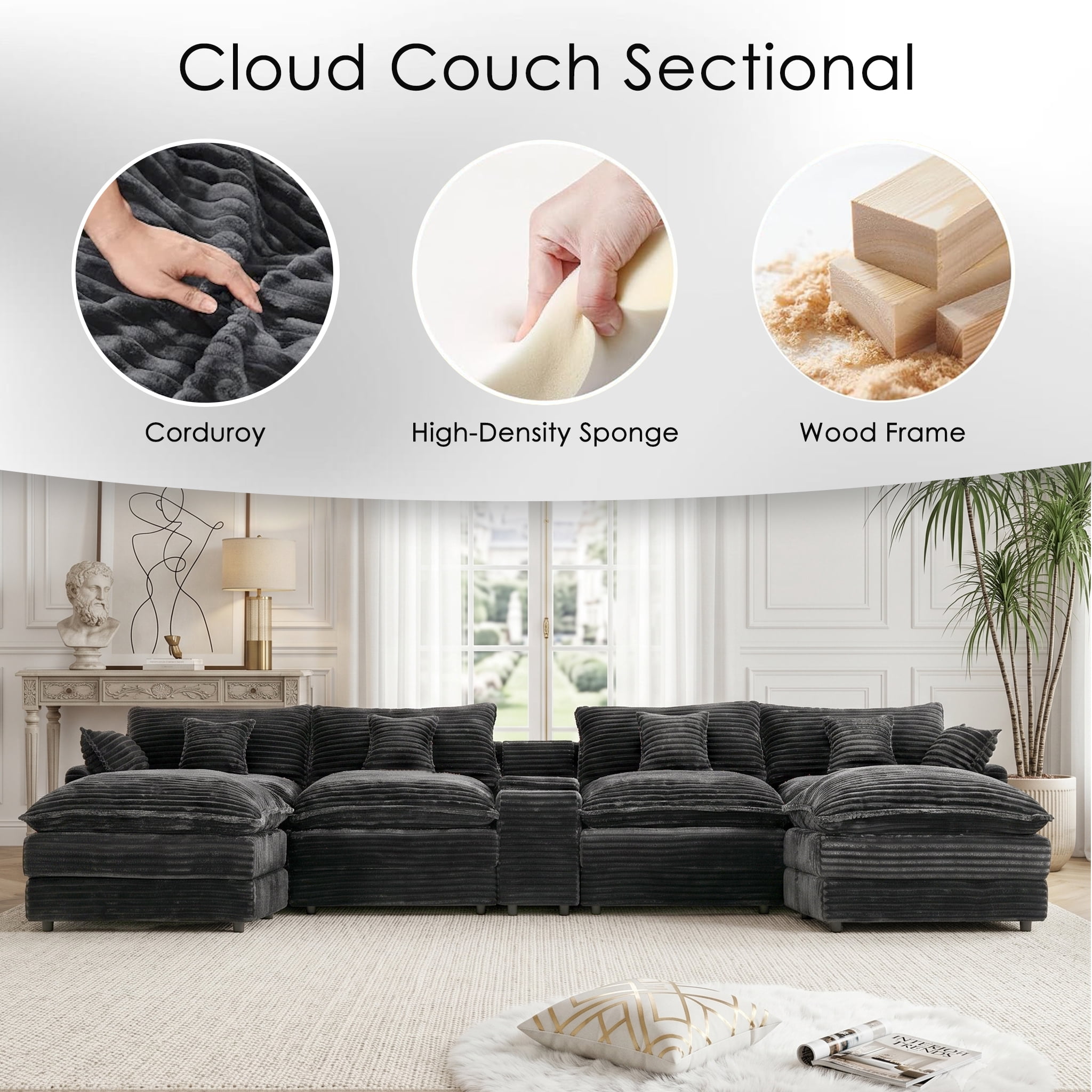 ANPPORT Luxury 145" U Shaped Cloud Modular Sectional Sofa, Corduroy Deep Seat Couch with Storage Console, USB Ports & Cup Holders for Living Room, Grey