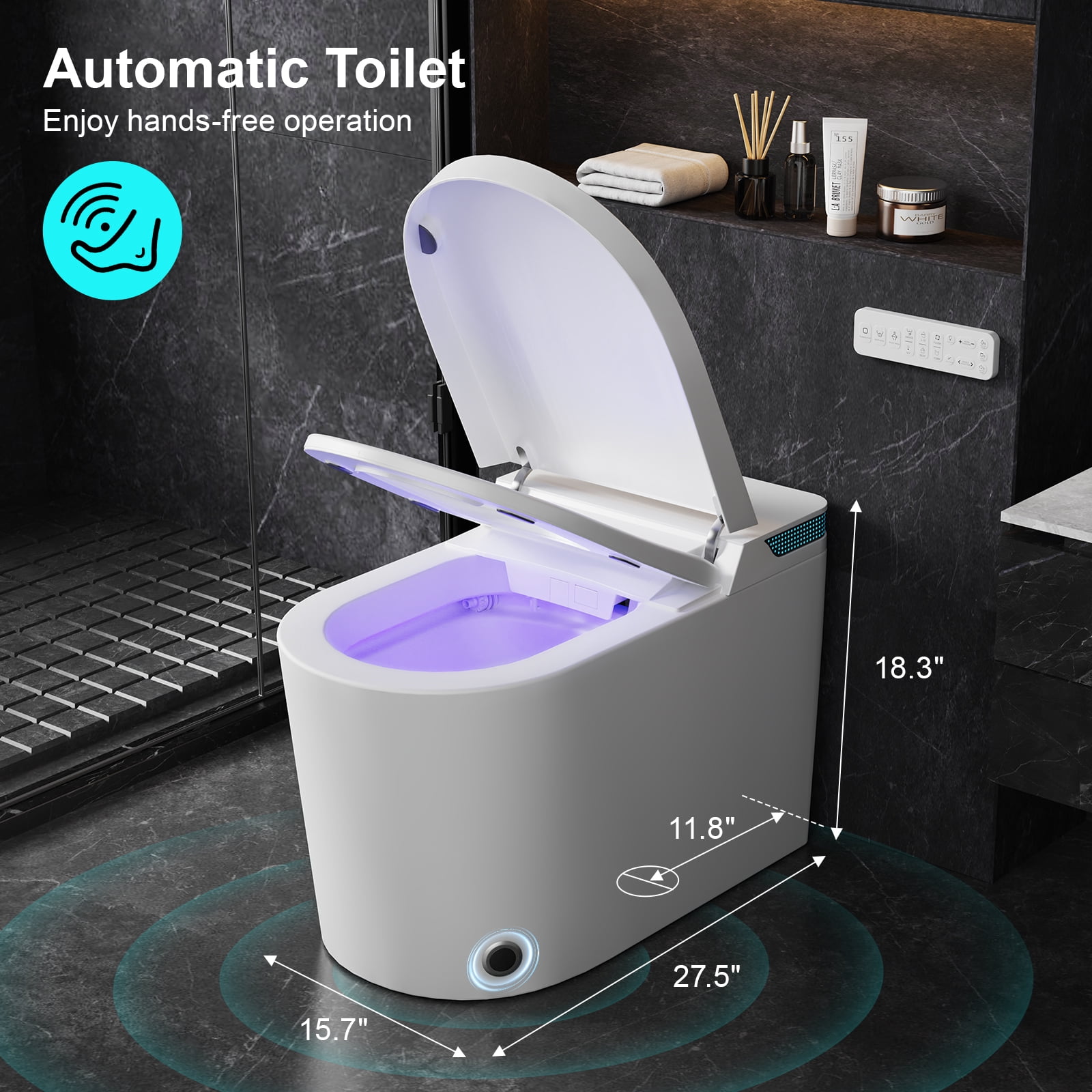 Smart Toilet with Heated Seat & Automatic Soft-Close Lid - Modern White/Black Bathroom Toilet with Night Light, Adjustable Temperature, Foam Seal System, Touchless Operation, Floor-Mounted Design, US