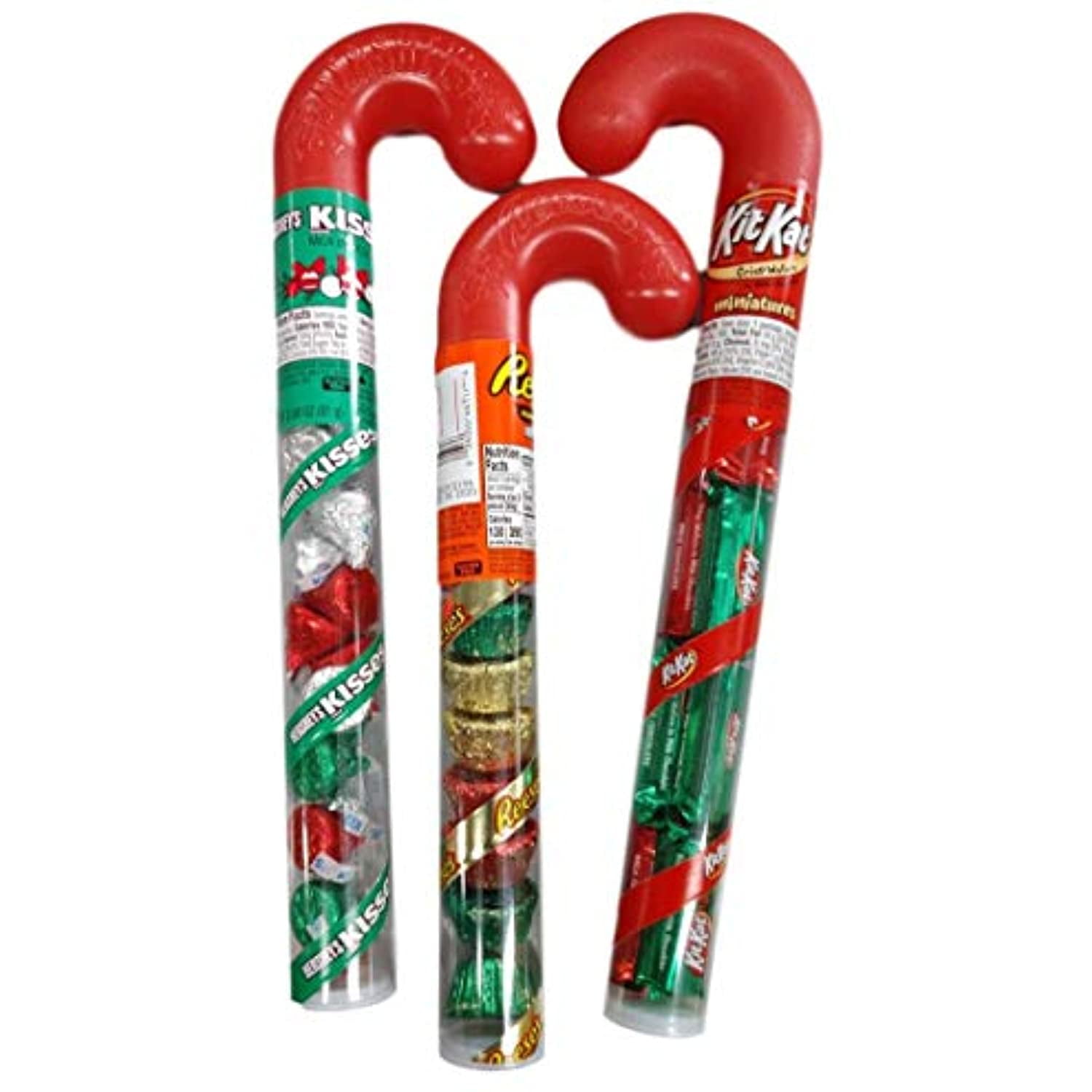 Three Chocolate Candy Filled Plastic Candy Canes Hershey Kisses, Reese