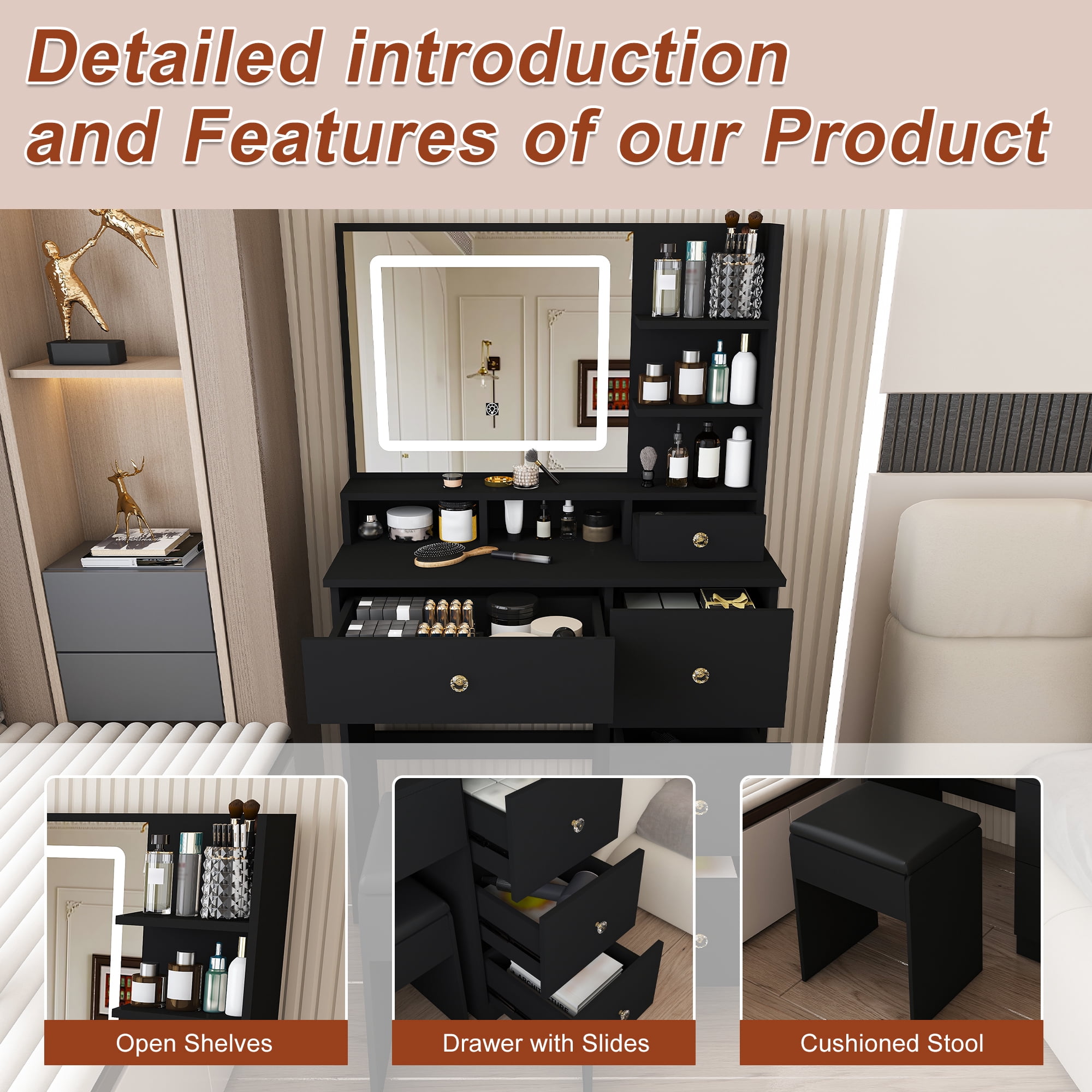 Mintazer Dressing Table with LED Lighted Mirror & 5 Drawers, Makeup Vanity Desk with Open Storage Shelf & Cushioned Stool for Bedroom Apartments, Black