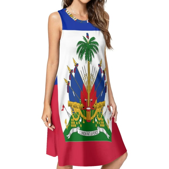 Haiti Haitian Flag Coat of Arms Red Spring Summer Dresses for Women Fashion T-shirt Dress Casual Sleeveless Loose Sundress with Pockets