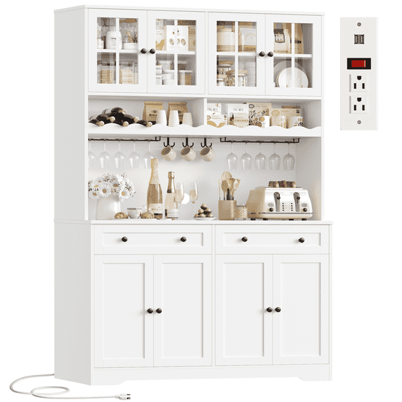Hiphuta 75"Tall Kitchen Pantry Storage Cabinet with Power Outlet, Large Pantry Cabinet with Microwave Stand, Modern Freestanding Cupboard Hutch for Home Dinning Room, White