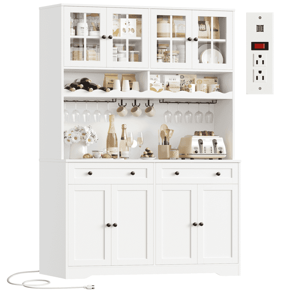 Hiphuta 75"Tall Kitchen Pantry Storage Cabinet with Power Outlet, Large Pantry Cabinet with Microwave Stand, Modern Freestanding Cupboard Hutch for Home Dinning Room, White