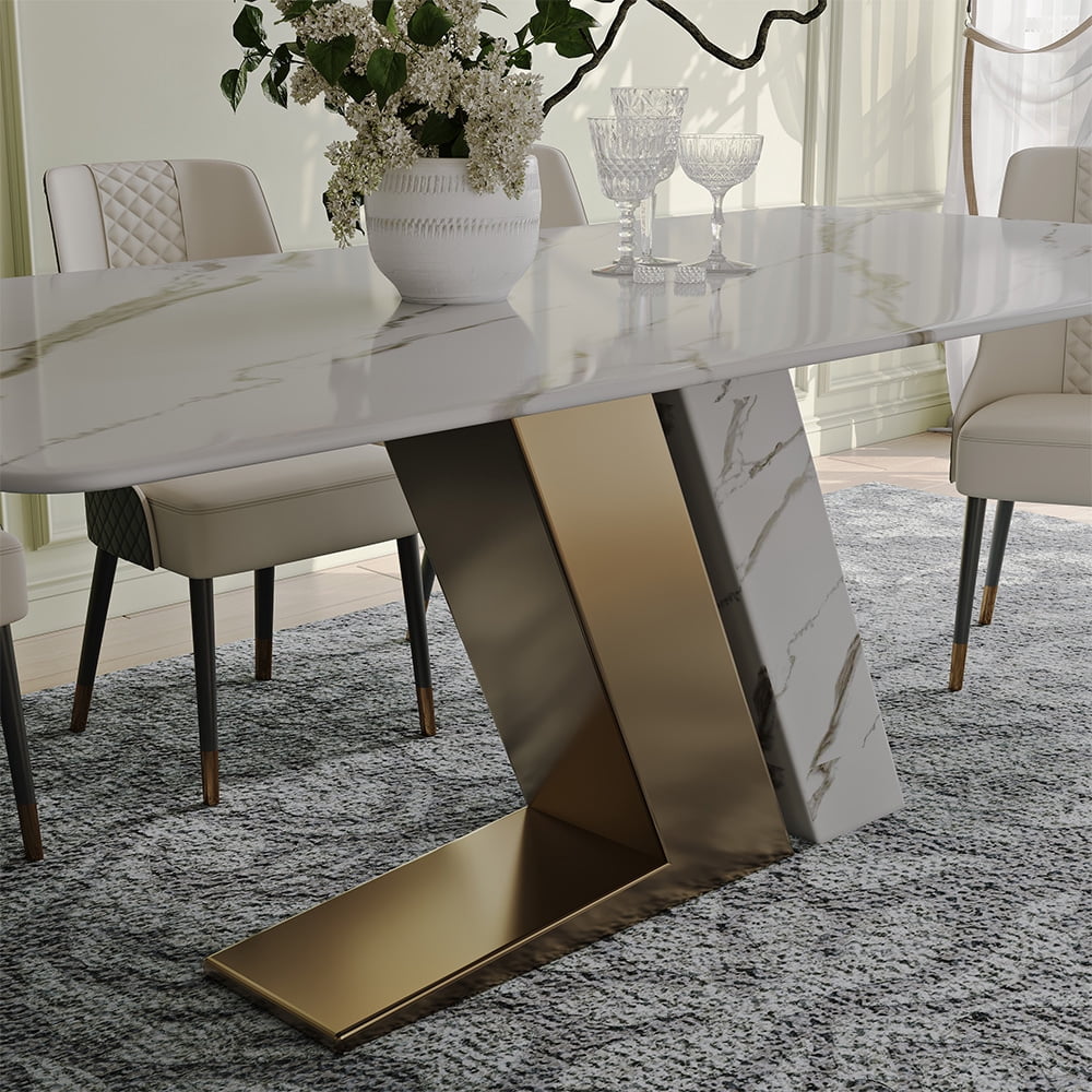 POVISON 71" Modern Luxury White Rectangular Dining Table with Glossy Sintered Stone Tabletop, White and Gold Z-shaped Stainless Steel Base
