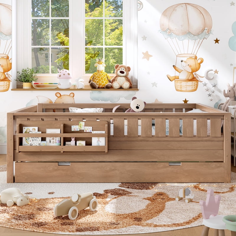 URTR Queen Bed with Rail and Bookshelf, Queen Size Wooden Montessori Floor Bed with Small Stairs and Trundle, Queen Size Platform Bed Frame, No Box Spring Needed, Natural