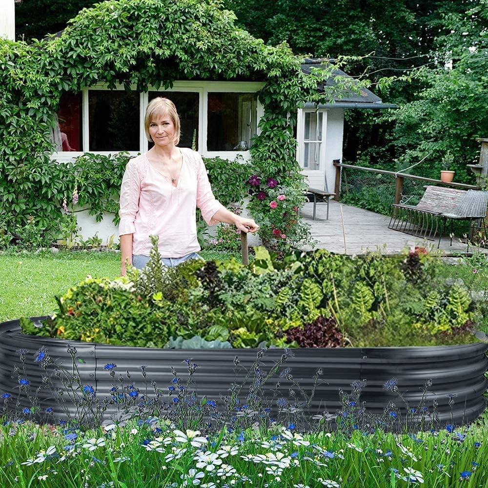 Land Guard 8x4x1ft Galvanized Metal Raised Garden Bed Kit, Oval Planter Box Outdoor for Vegetables, Fruits and Flowers,Nardo Gray
