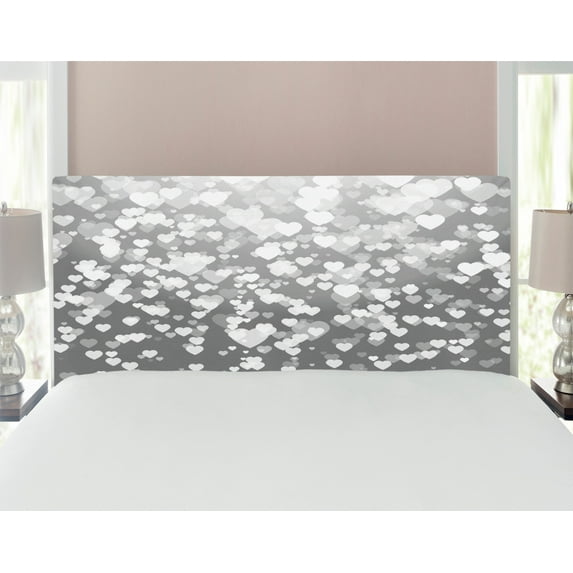 Love Headboard, Abstract Art with Hearts Silhouette Sunshines Marriage Passion Party Print, Upholstered Decorative Metal Bed Headboard with Memory Foam, Full Size, Dimgrey White, by Ambesonne