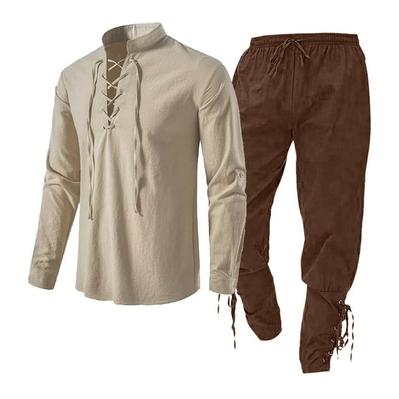 Lisingtool Father Day Gifts Outfits for Men 2 Piece Sets Medieval Men's Clothing Set Men's Clothing Set with Linen Shirt Men's Medieval Shirt Medieval Pants with Ankle Strap S-XXL