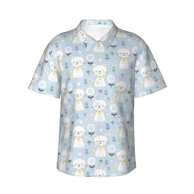 Fotbe Cute Cat Camisa Hawaiana para Hombre Unisex – Camisa Casual de Verano con Botones de Manga Corta de Algodón y Lino,Large