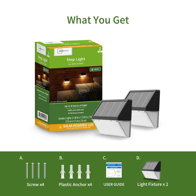 Mainstays 8 Lumen Solar LED Step and Deck Lights, Dusk to Dawn, 2