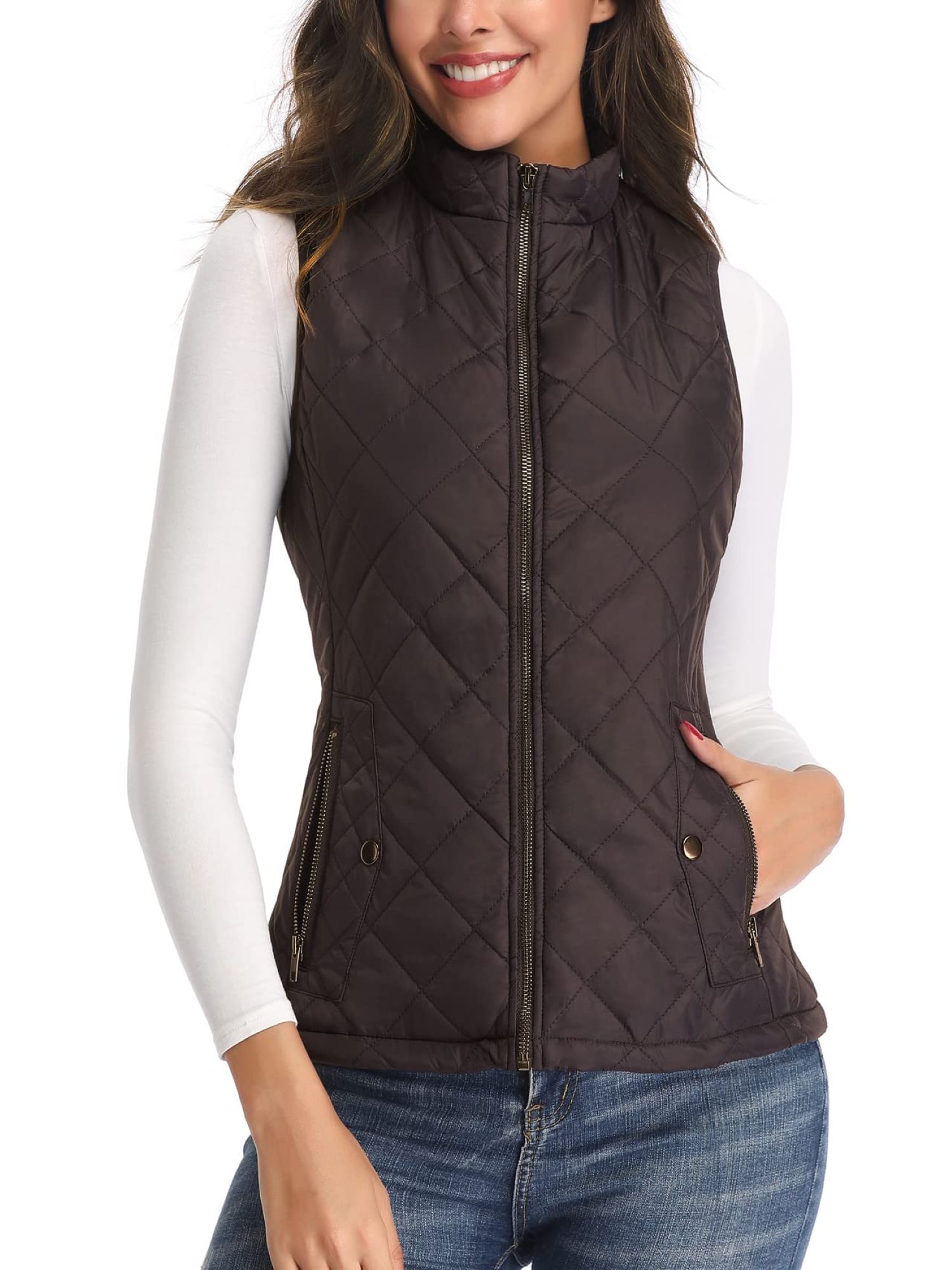 Vest for Women-Stand Collar Lightweight Zip Quilted,Brown