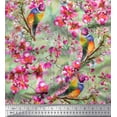 thumbnail image 1 of Soimoi Green Polyester Crepe Fabric Stripe,Floral & American Robin Bird Print Sewing Fabric BTY 42 Inch Wide, 1 of 3