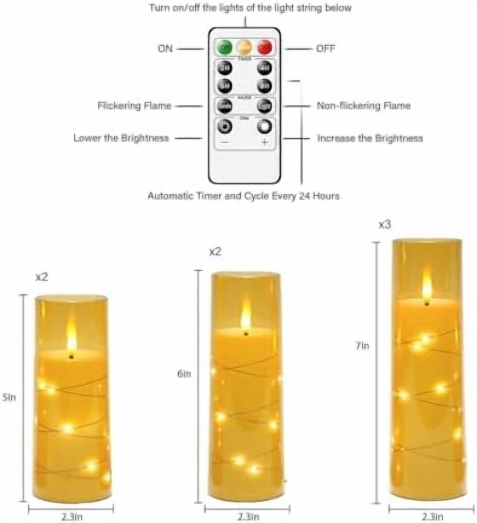 Flameless Candles,with Embedded Star String, Battery Operated Candles Flickering LED Pillar Candles with Remote Control and Timer, Home Decoration Add a Warm and Romantic Atmosphere，Set of 7 (Gold)