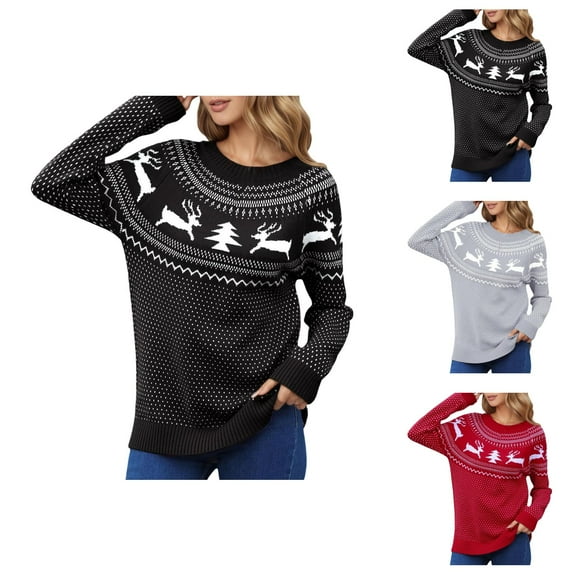 Christmas Sweaters for Women 2025 Long Sleeve Crewneck Festive Fair Isle Xmas Pullover Sweater Jumper Tops