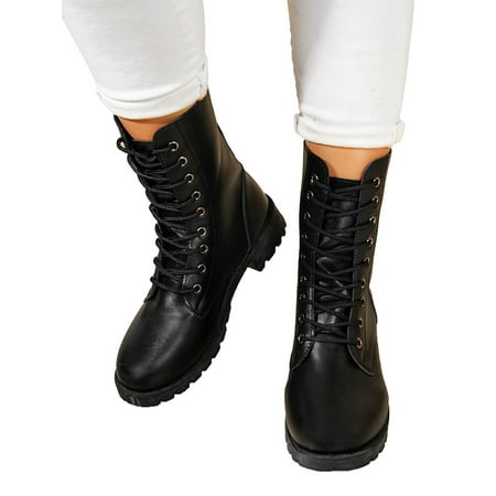 

YCCOTO Womens Military Combat Flat Low Block Heel Snow Boots Lace Up Walking Biker Shoes
